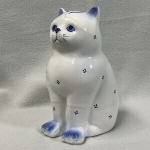 Vtg Enesco Blue White Cat Figurine Delft Style Hand Painted Ceramic Collectible